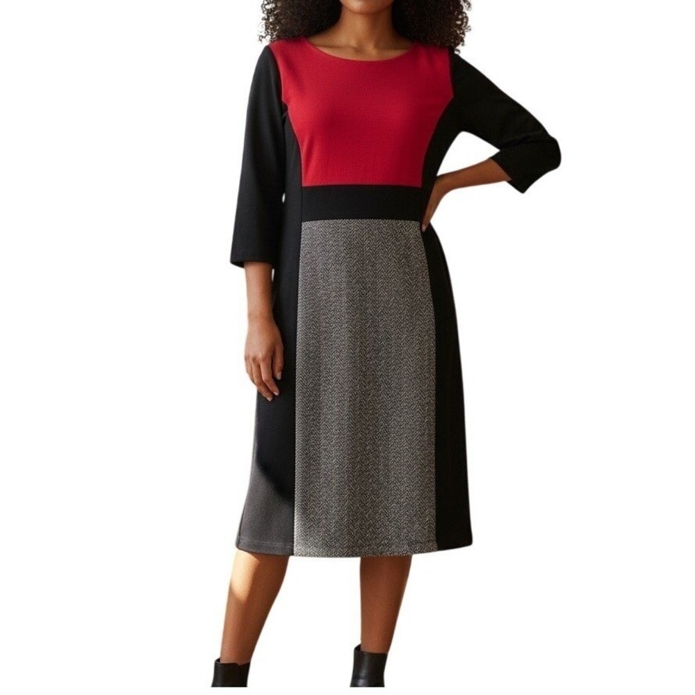Color Block Size 10P Lined Career Dress Black Red Gray Silhouette Sheath Office
